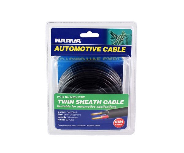 CABLE 2 CORE 6MM 50A 10M BLISTER PACK NARVA 5826-10TW